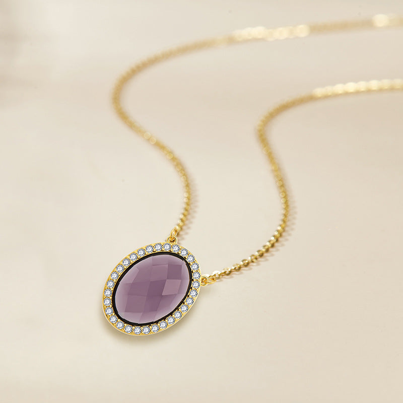 Pure silver egg-shaped lattice pendant natural amethyst necklace, high-end luxury accessory - Suoaint