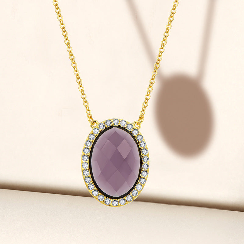 Pure silver egg-shaped lattice pendant natural amethyst necklace, high-end luxury accessory - Suoaint