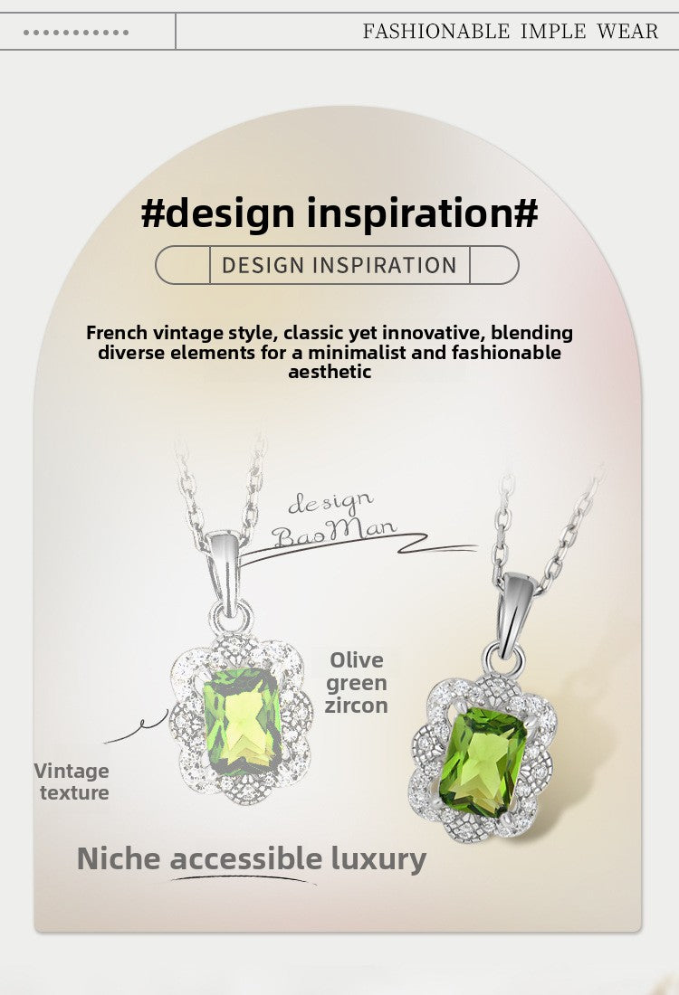 Vintage Olive Zircon Sterling Silver Necklace for Women Collarbone Chain Jewelry - Suoaint